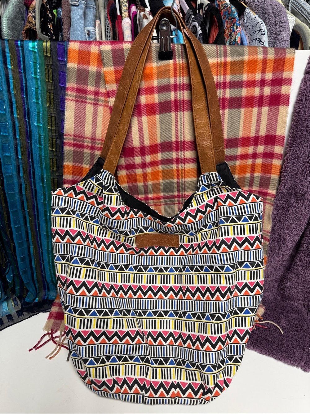 American Eagle Canvas Tote Bag with Geometric Print and Brown Handles
